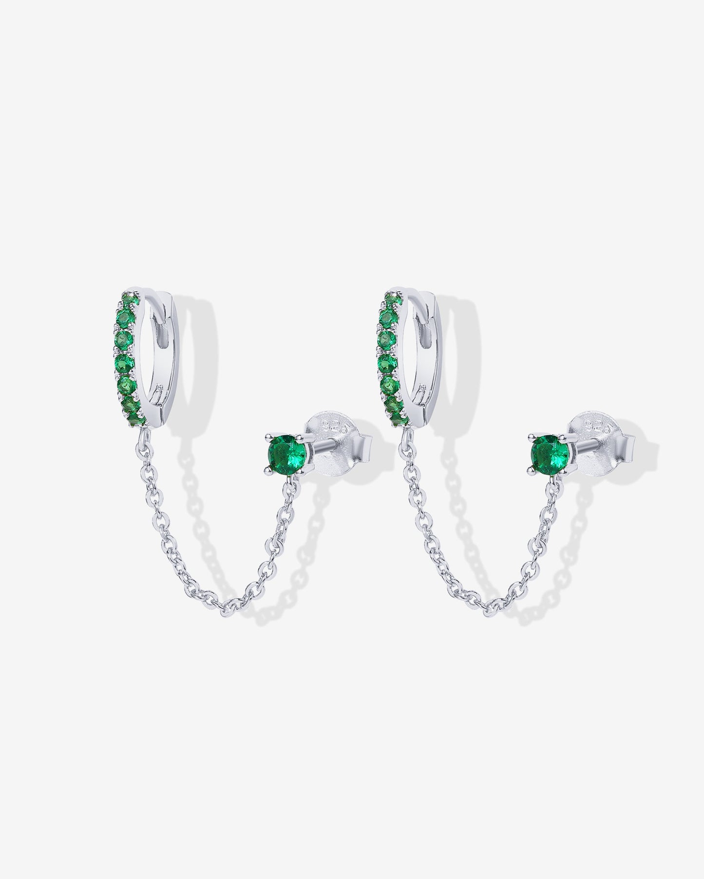 Chained Huggie Hoop with Green CZ Stud