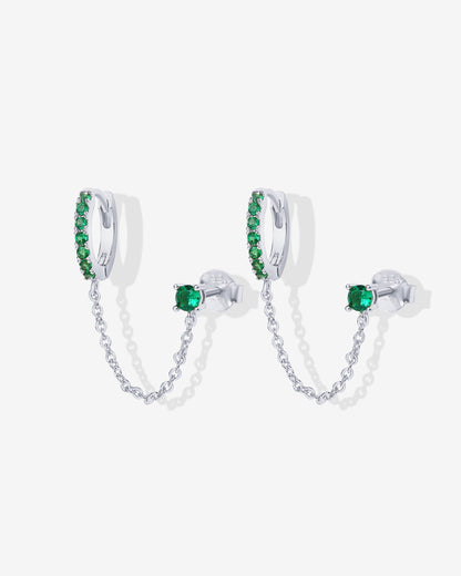 Chained Huggie Hoop with Green CZ Stud