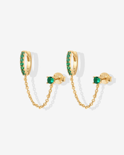 Chained Huggie Hoop with Green CZ Stud