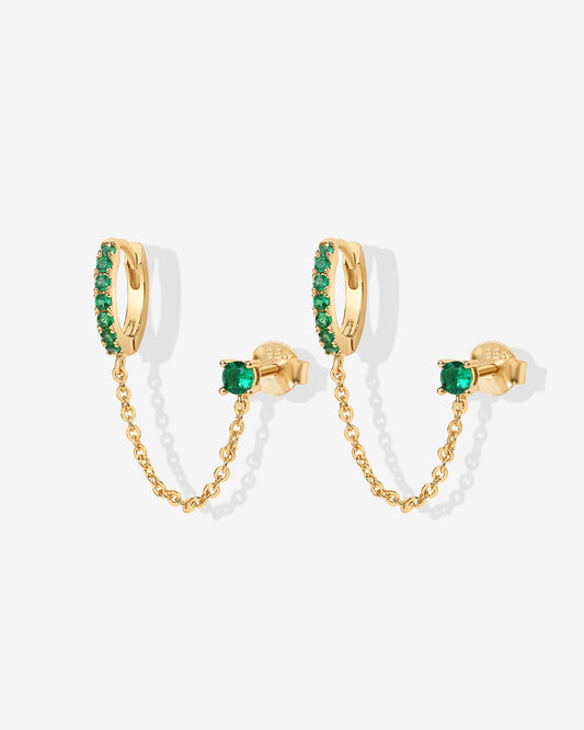 Chained Huggie Hoop with Green CZ Stud