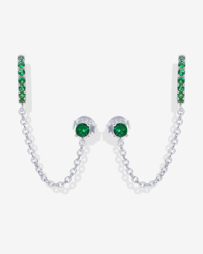 Chained Huggie Hoop with Green CZ Stud