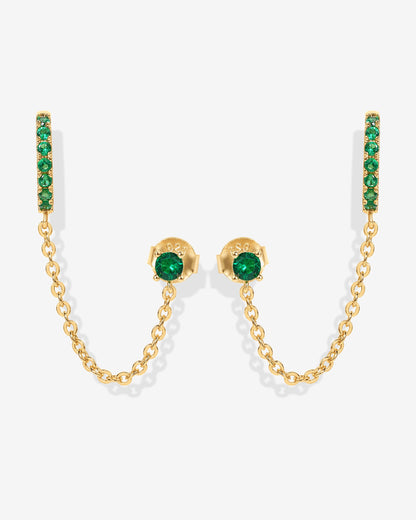 Chained Huggie Hoop with Green CZ Stud