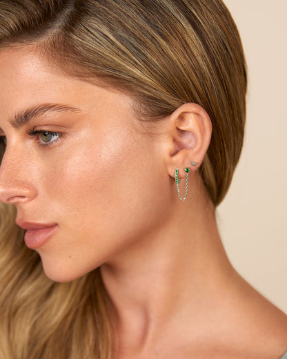 Chained Huggie Hoop with Green CZ Stud