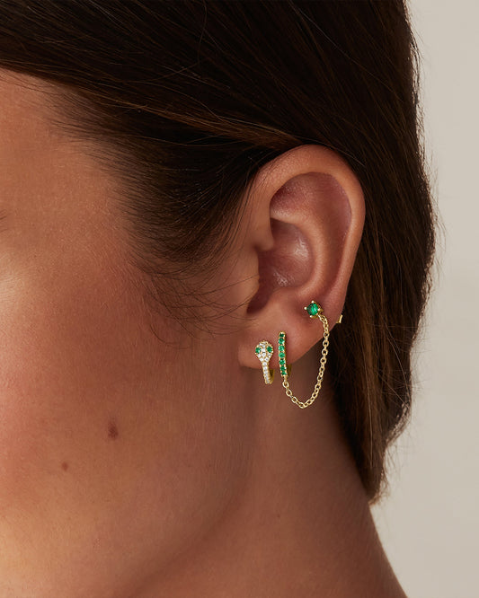 Chained Huggie Hoop with Green CZ Stud