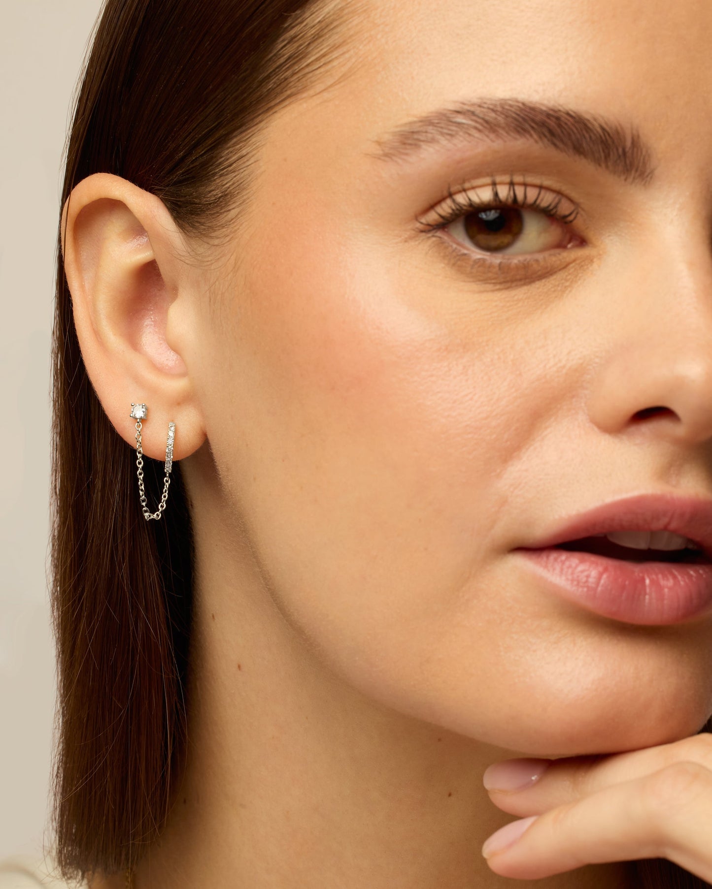 Chained Huggie Hoop with CZ Stud