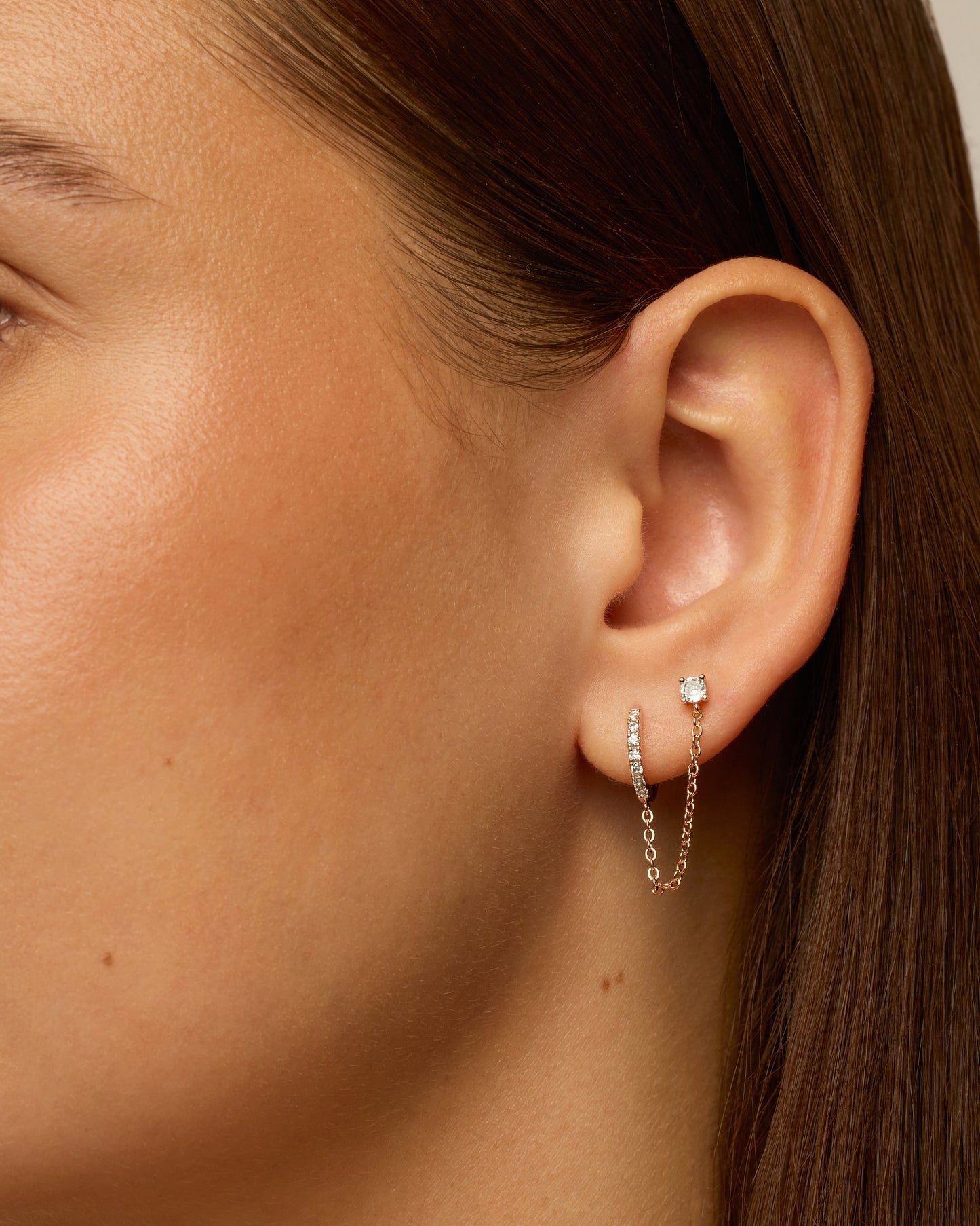 Chained Huggie Hoop with CZ Stud